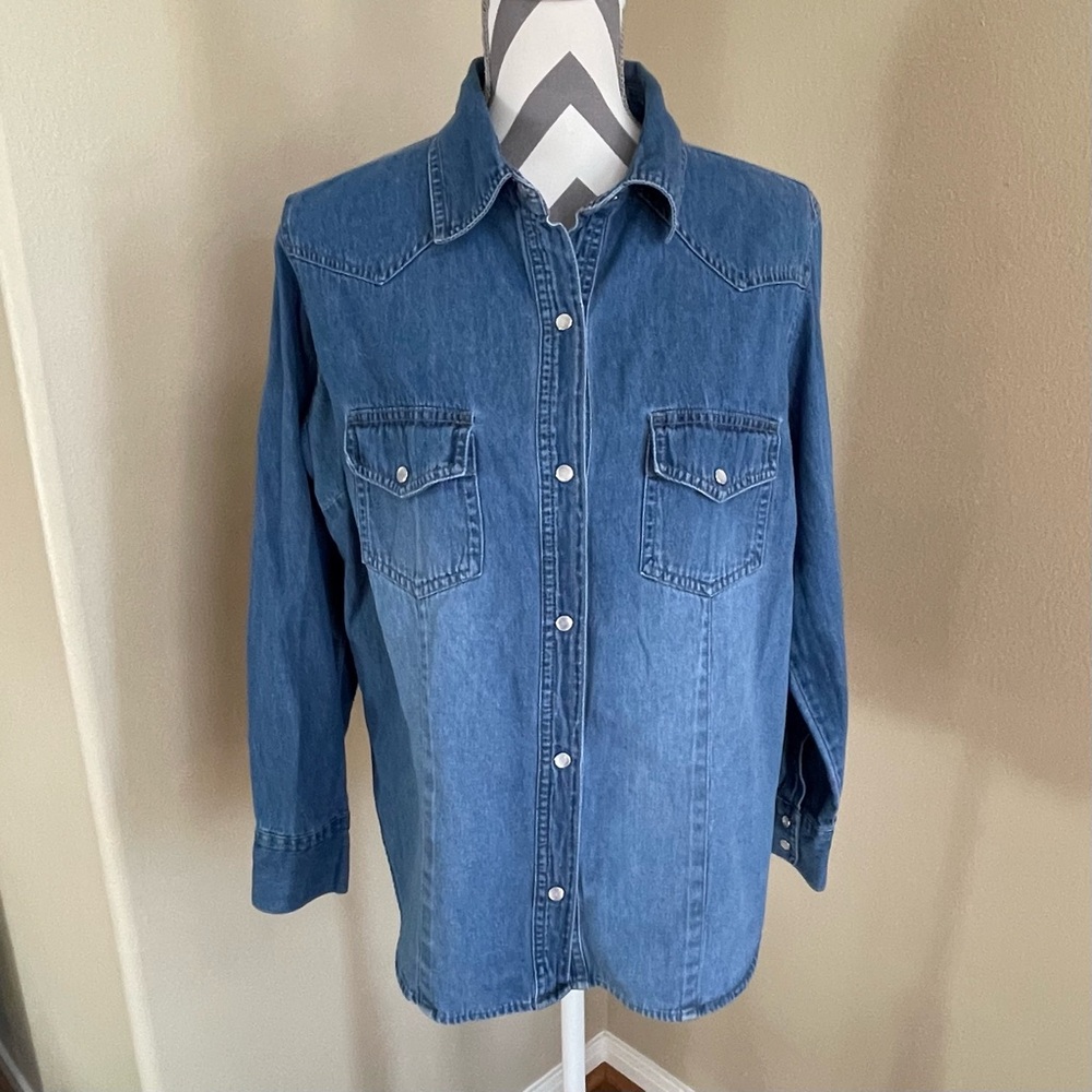 Long Sleeve Denim Blue Jean Pearl Snap Shirt - Size: 14/16 - 100% Cotton